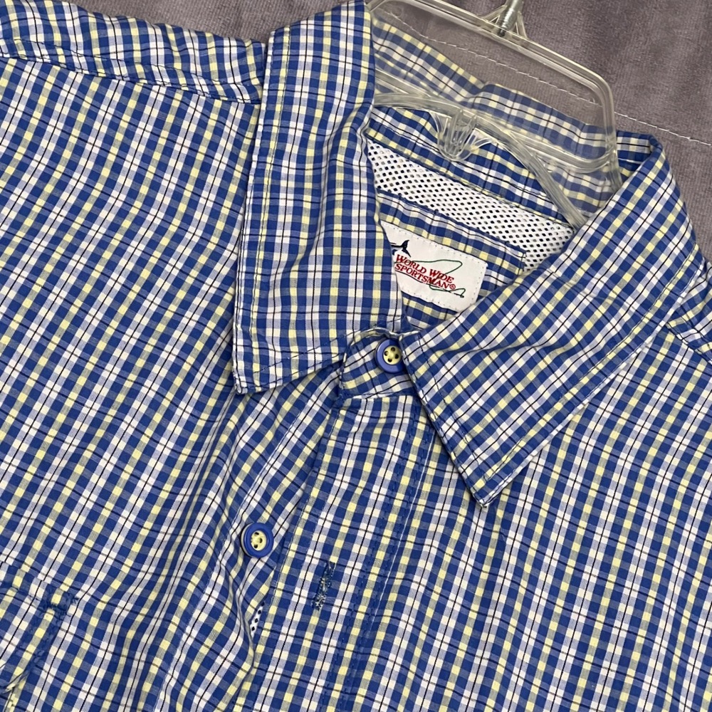 World Wide‎ Sportsman Fishing Shirt Mens XL Blue Plaid Excellent Mesh Back Vent